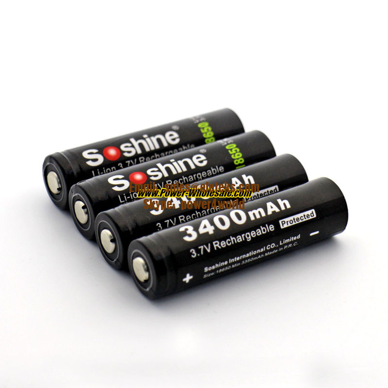 Soshine 3.7V Li-ion 18650 Protected Battery: 3400mAh with button top